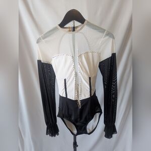 Sheer Long-Sleeve Rhinestone Bodysuit - Black & Cream
